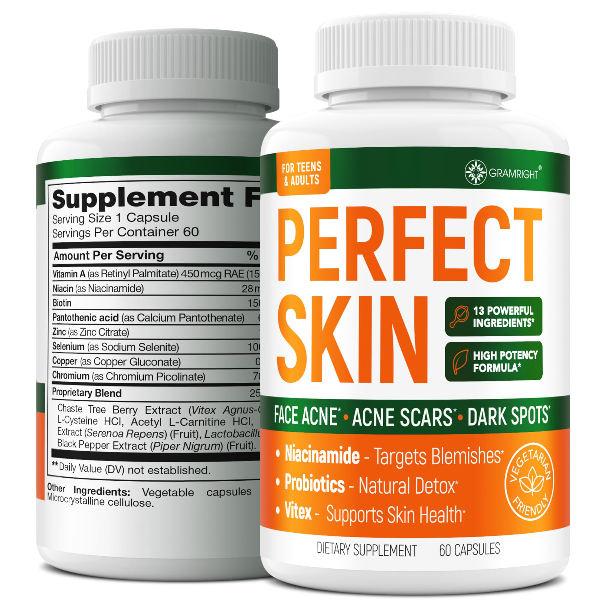 Acne Supplements for Clear Skin with Biotin Zinc Vitamin A & Niacin - Acne Pills for Acne Scar Treatment - Cystic Acne Treatment with Probiotics for Gut Health & Glowing Skin - Made in USA - 60 Caps